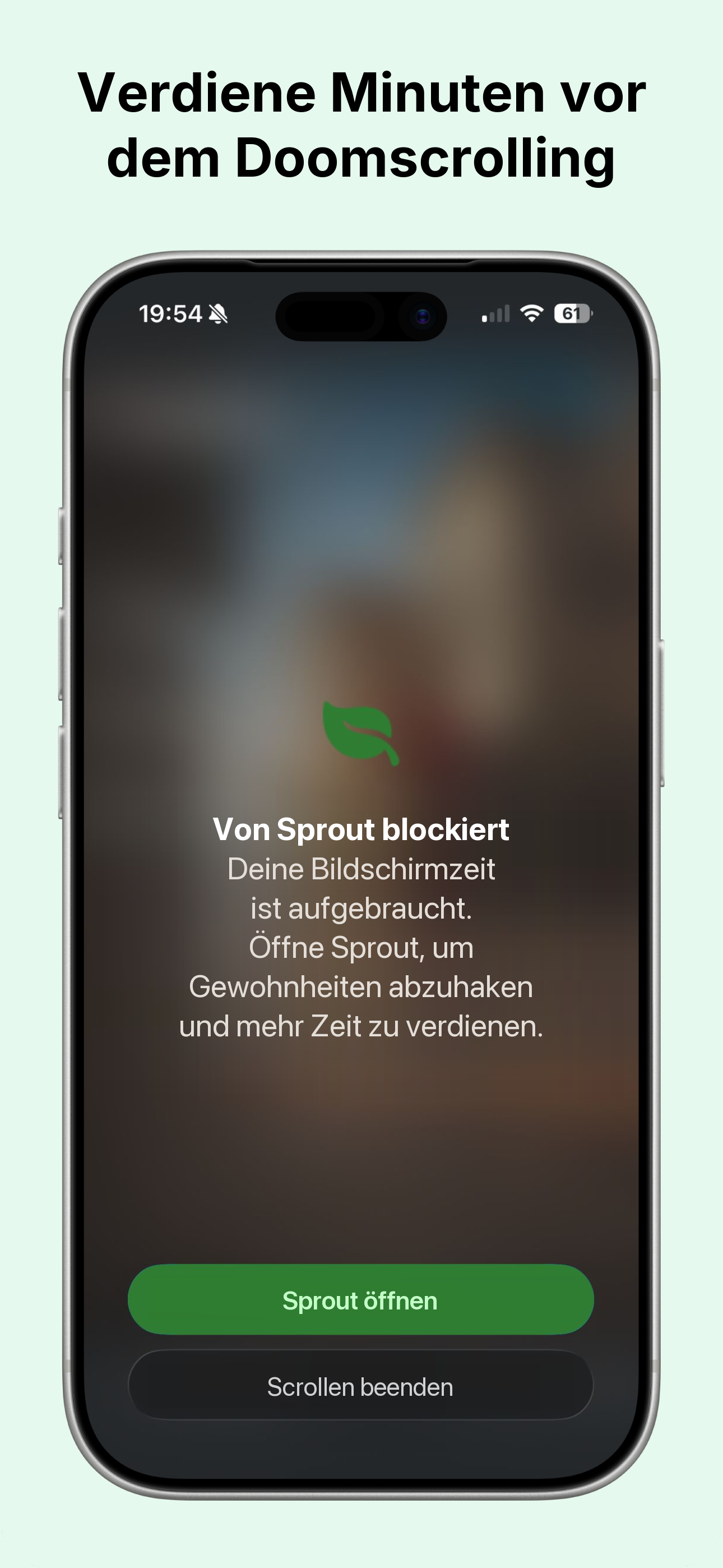 Sprout Startbildschirm mit verdienter Zeit