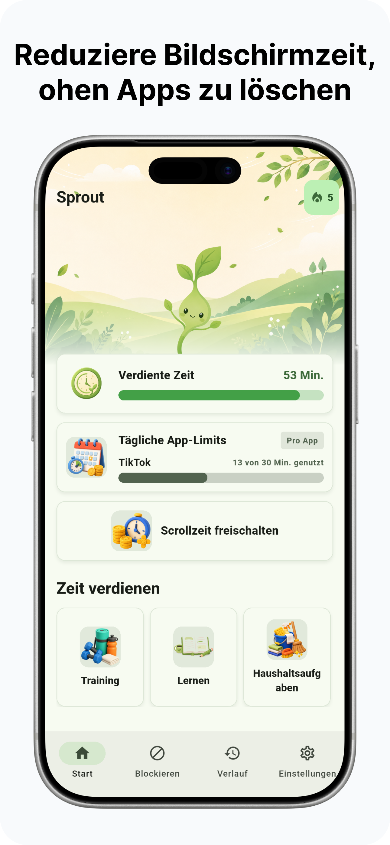 Sprout Startbildschirm mit verdienter Zeit