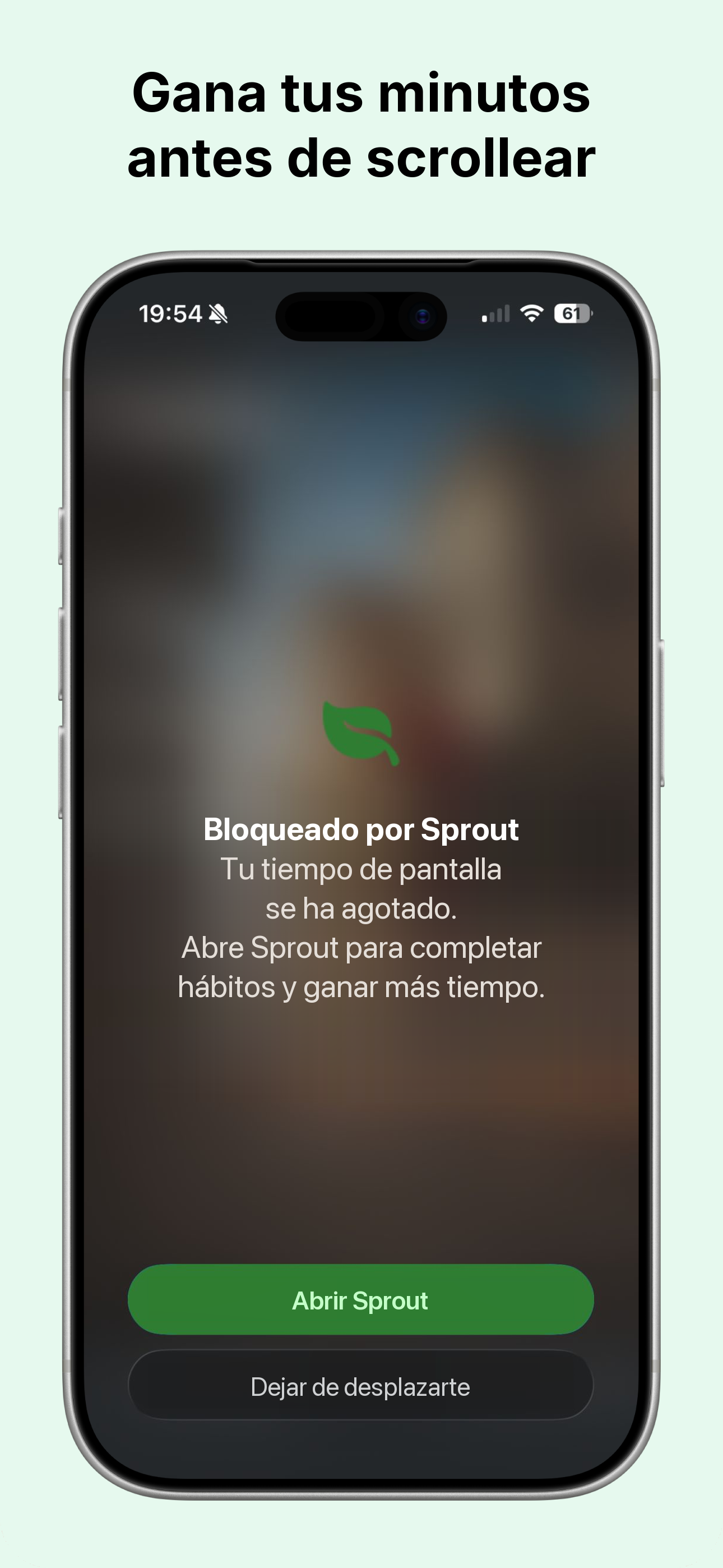 Pantalla de inicio de Sprout con el tiempo ganado