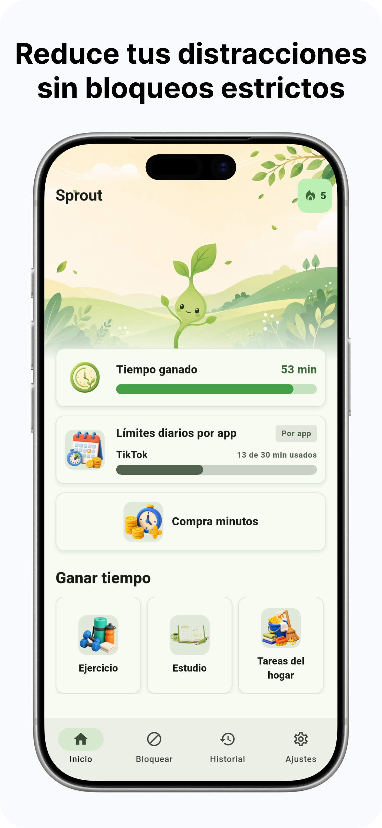 Pantalla de inicio de Sprout con el tiempo ganado