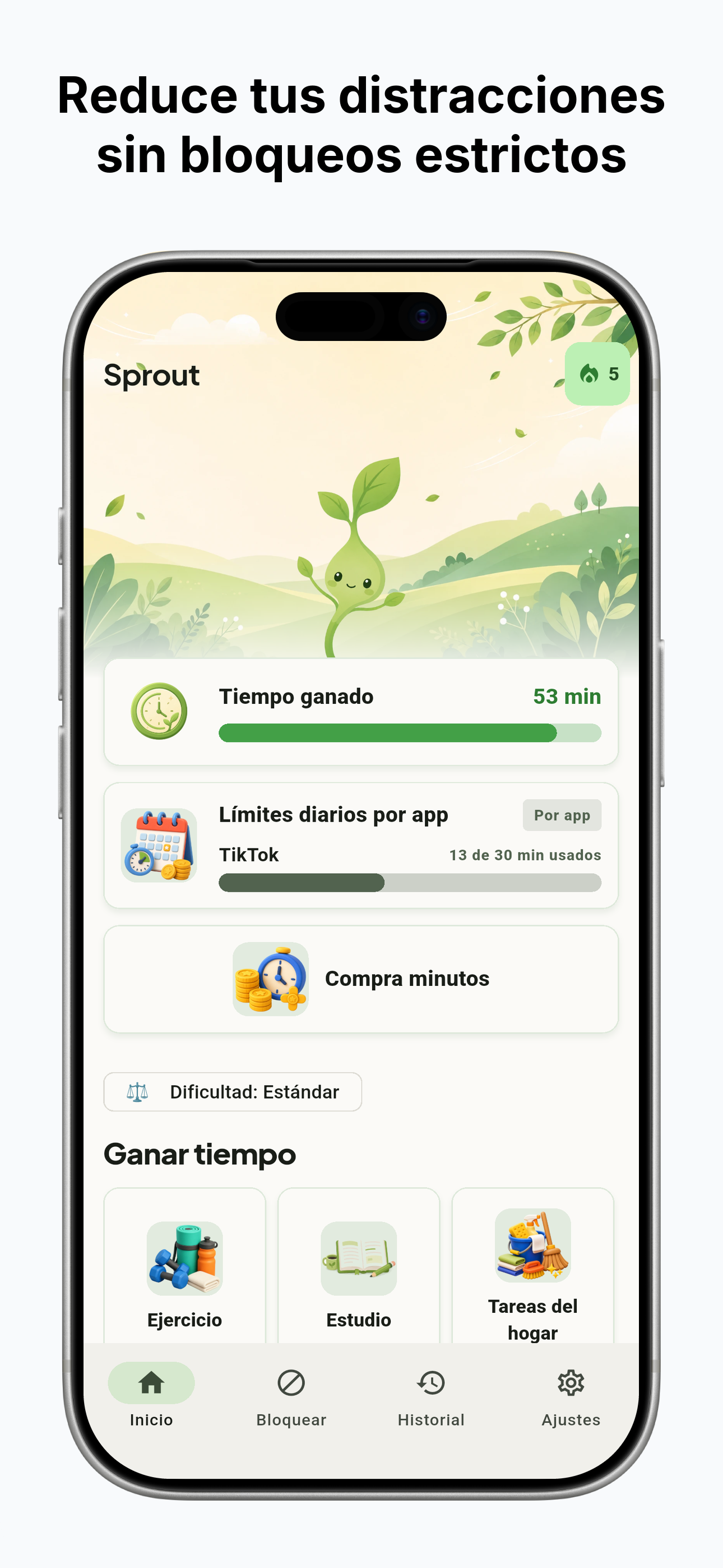 Pantalla de historial de tiempo en Sprout