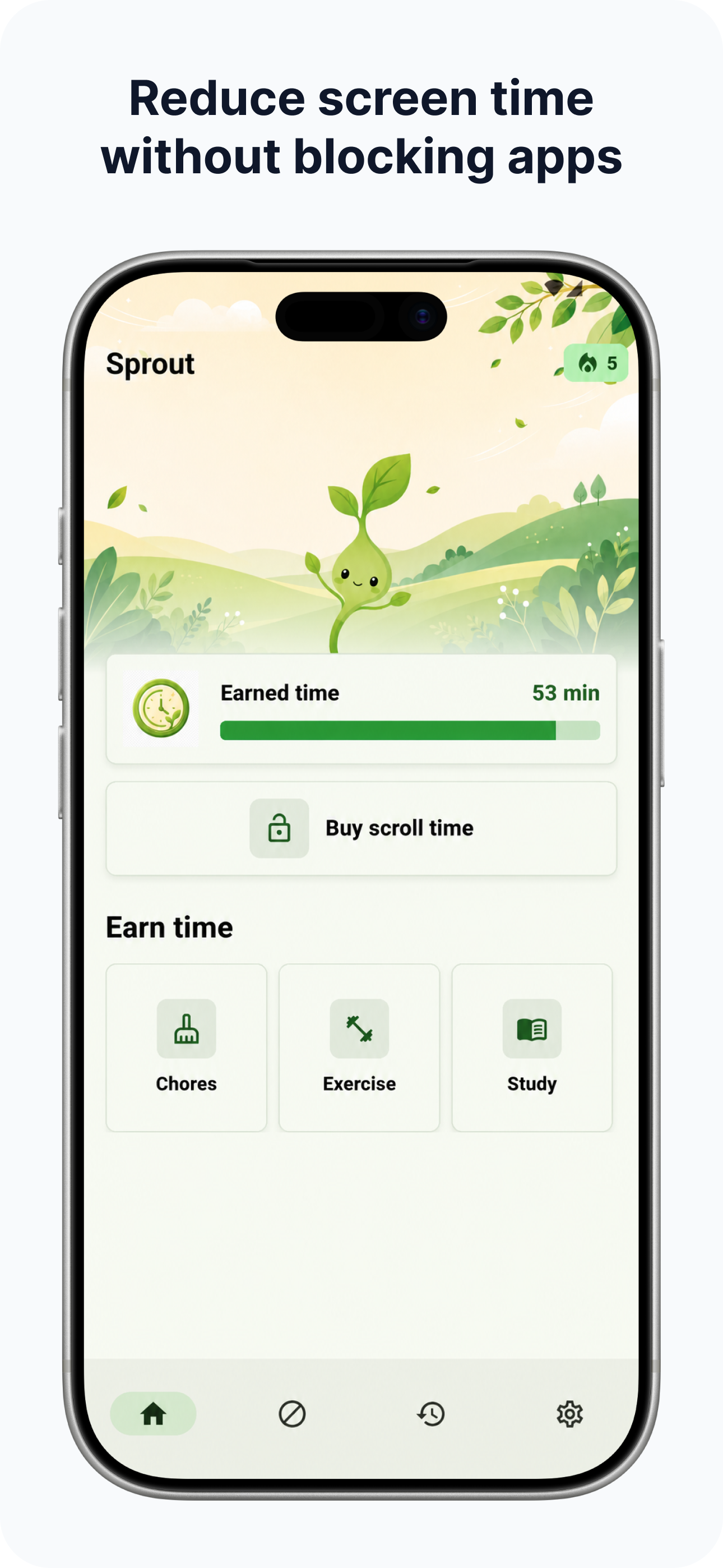 Sprout home screen showing earned time